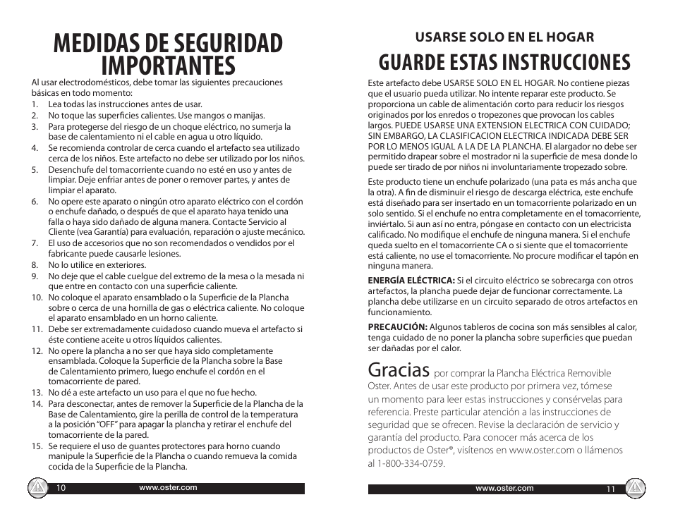 Medidas de seguridad importantes, Guarde estas instrucciones, Gracias | Usarse solo en el hogar | Oster CKSTGRRM25 User Manual | Page 6 / 10