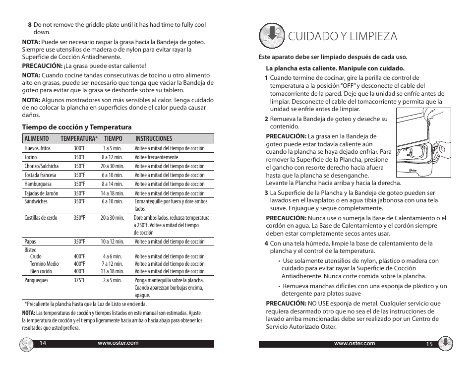 Cuidado y limpieza | Oster CKSTGRRM25 User Manual | Page 8 / 10