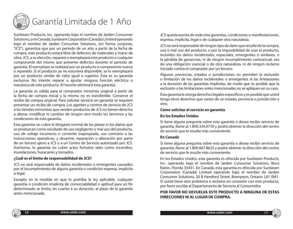 Garantía limitada de 1 año | Oster CKSTGRRM25 User Manual | Page 9 / 10