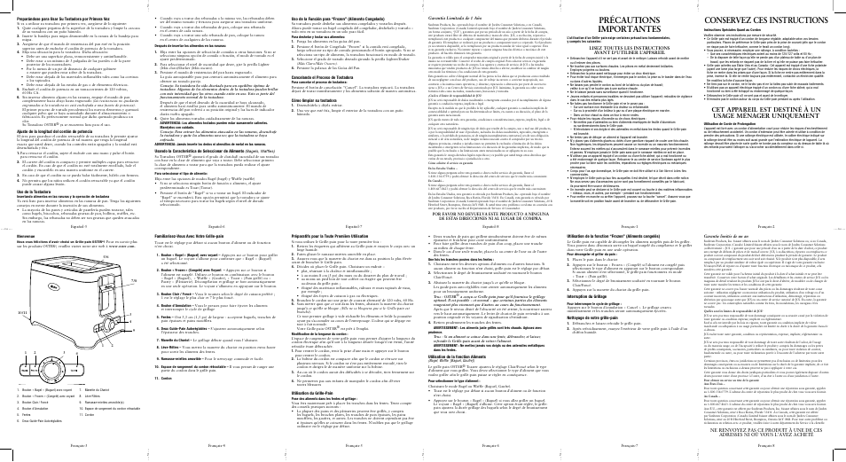 Précautions importantes, Conservez ces instructions, Cancelando el proceso de tostadora | Cómo limpiar su tostadora, Familiarisez-vous avec votre grille-pain, Préparatifs pour la toute première utilisation, Utilisation du grille-pain, Utilisation de la fonction aliments, Interruption du grillage, Nettoyage de votre grille-pain | Oster TSSTRT4SST User Manual | Page 2 / 2