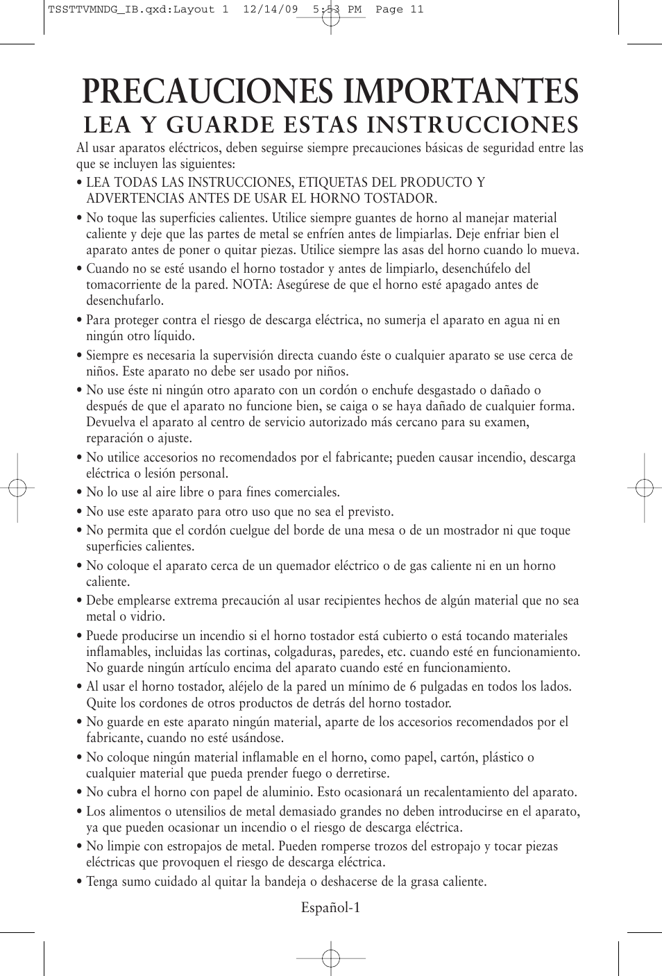 Precauciones importantes, Lea y guarde estas instrucciones | Oster TSSTTVMNDG User Manual | Page 11 / 20