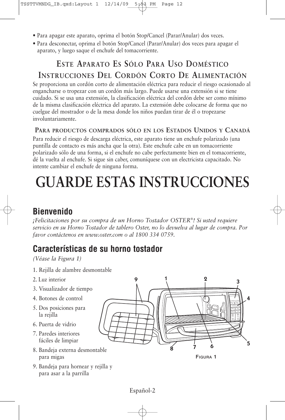 Guarde estas instrucciones, Bienvenido, Características de su horno tostador | Oster TSSTTVMNDG User Manual | Page 12 / 20