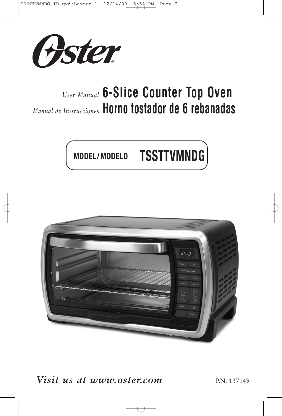 Tssttvmndg, Slice counter top oven, Horno tostador de 6 rebanadas | Oster TSSTTVMNDG User Manual | Page 2 / 20