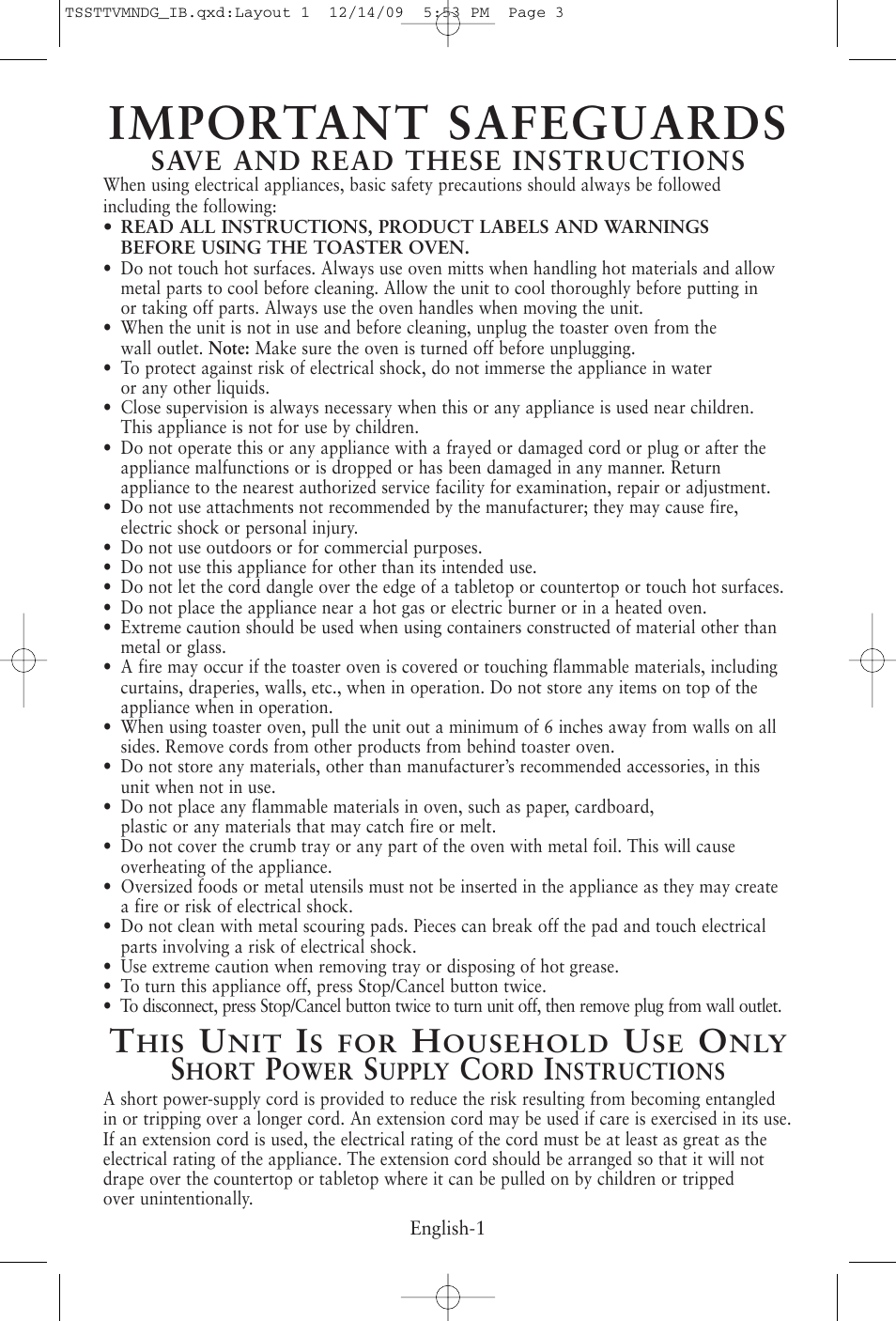 Important safeguards, Save and read these instructions | Oster TSSTTVMNDG User Manual | Page 3 / 20