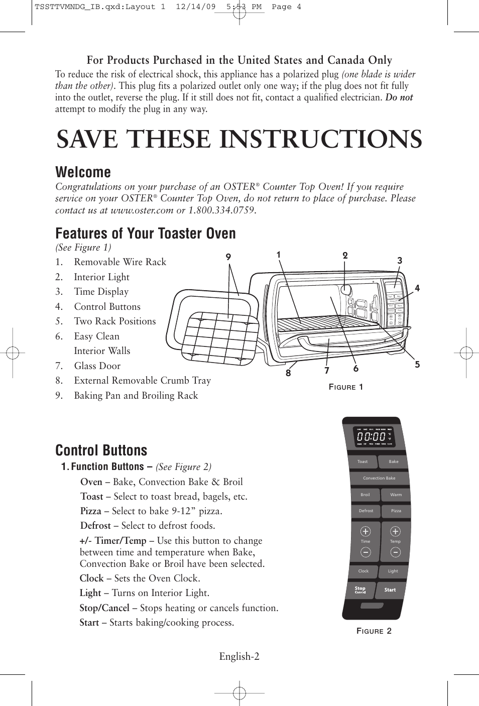 Save these instructions, Welcome, Features of your toaster oven | Control buttons, English-2 | Oster TSSTTVMNDG User Manual | Page 4 / 20