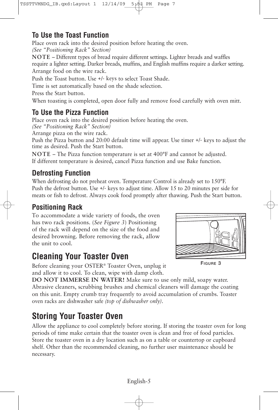 Cleaning your toaster oven, Storing your toaster oven, Defrosting function | Positioning rack | Oster TSSTTVMNDG User Manual | Page 7 / 20