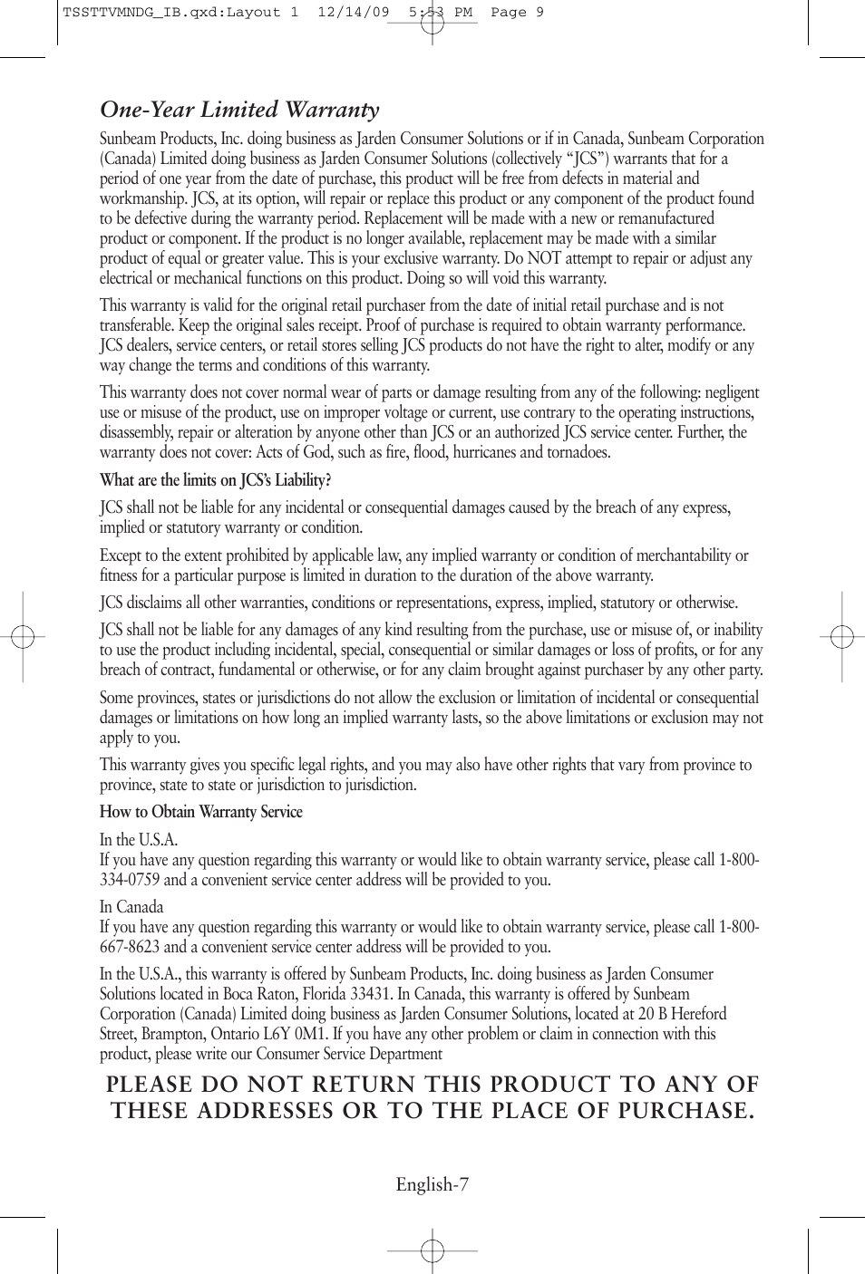 One-year limited warranty | Oster TSSTTVMNDG User Manual | Page 9 / 20