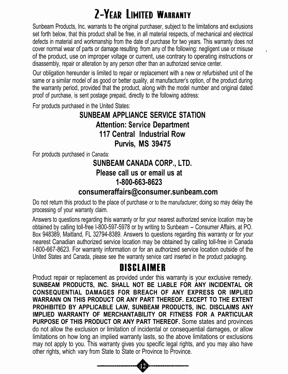 Disclaimer | Oster 4766 User Manual | Page 11 / 32