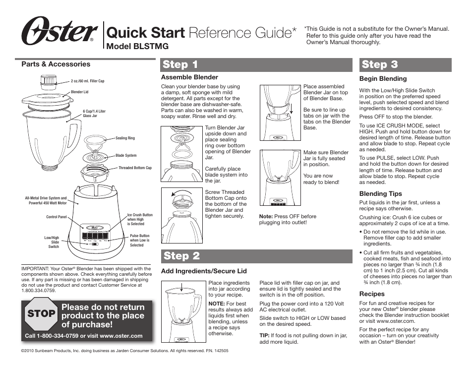 Oster BLSTMG-W User Manual | 1 page