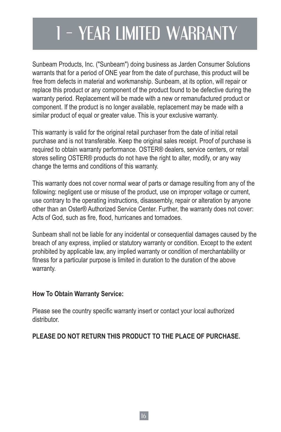 1 – year limited warranty | Oster MIXMASTER 2700 User Manual | Page 17 / 66