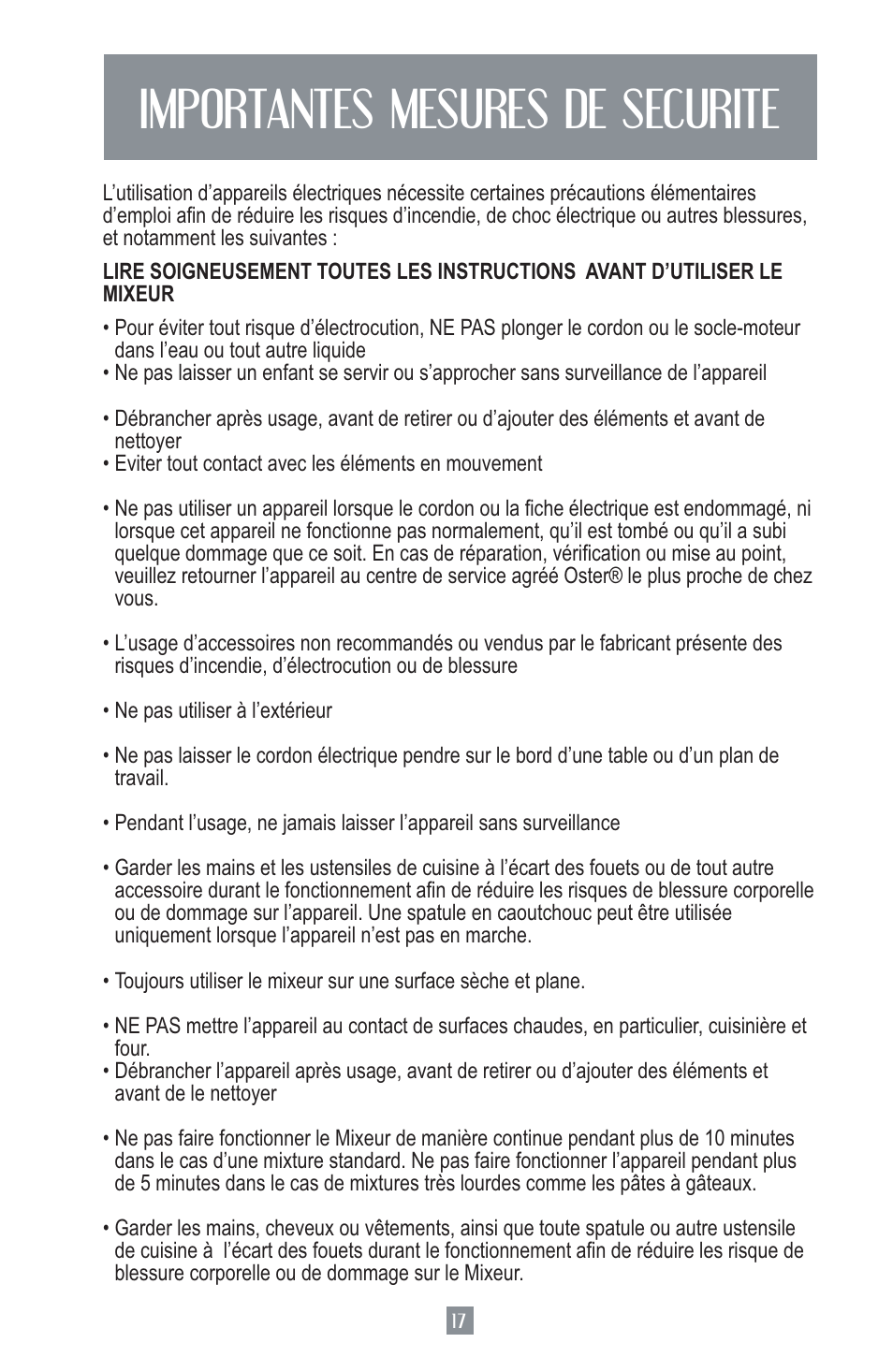Importantes mesures de securite | Oster MIXMASTER 2700 User Manual | Page 18 / 66