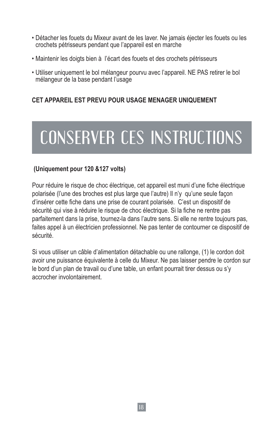 Conserver ces instructions | Oster MIXMASTER 2700 User Manual | Page 19 / 66