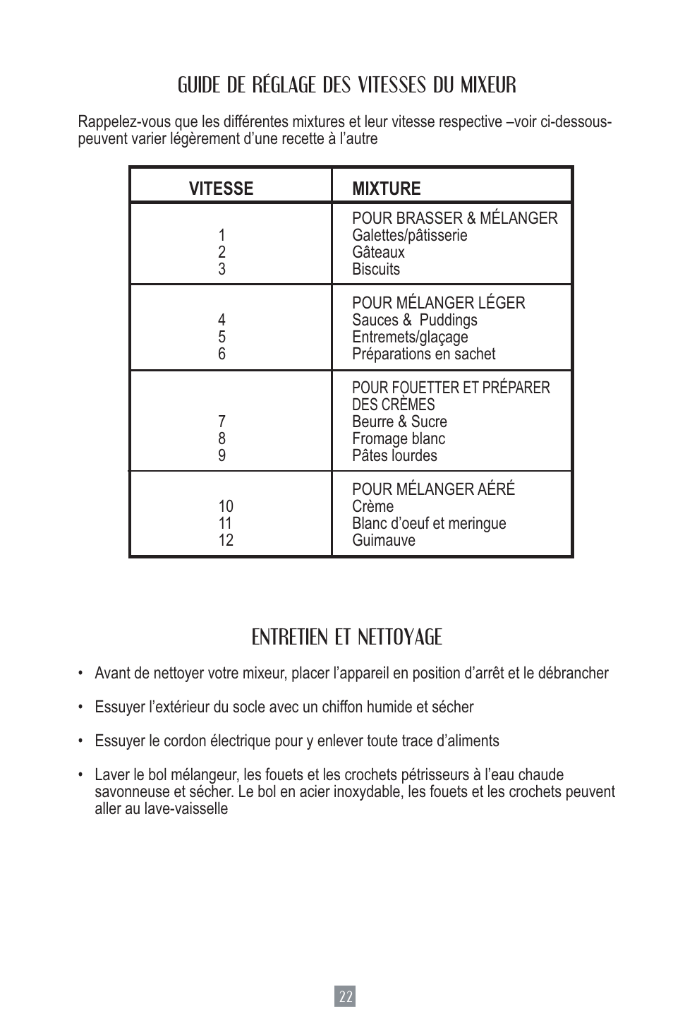 Guide de réglage des vitesses du mixeur, Entretien et nettoyage | Oster MIXMASTER 2700 User Manual | Page 23 / 66