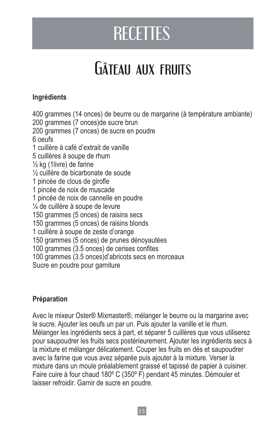 Recettes gâteau aux fruits | Oster MIXMASTER 2700 User Manual | Page 24 / 66