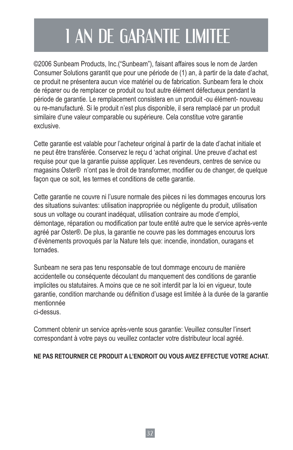 1 an de garantie limitee | Oster MIXMASTER 2700 User Manual | Page 33 / 66