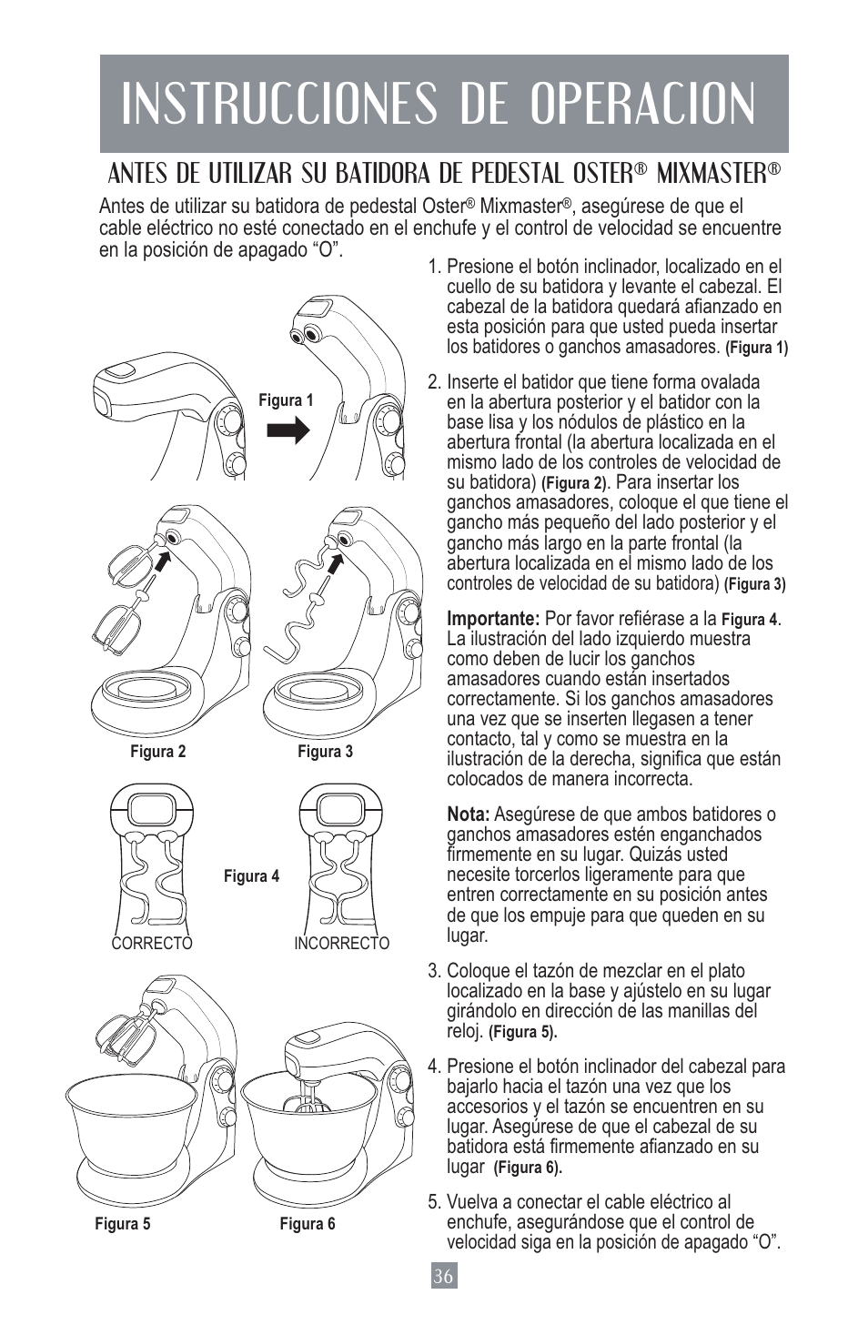 Instrucciones de operacion | Oster MIXMASTER 2700 User Manual | Page 37 / 66