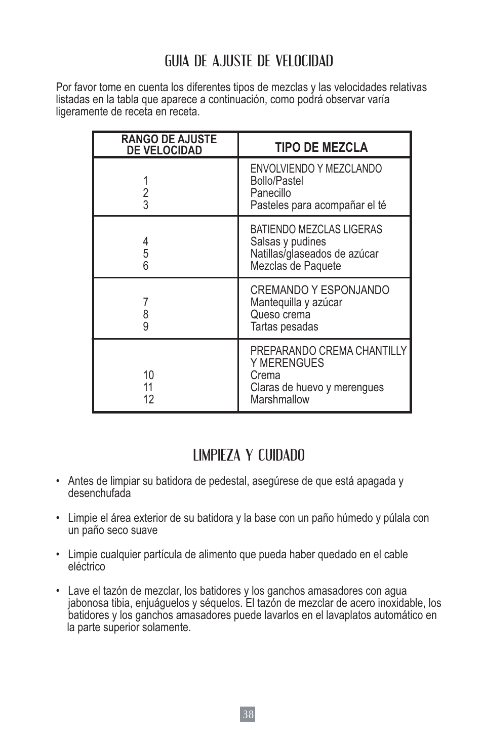 Guia de ajuste de velocidad, Limpieza y cuidado | Oster MIXMASTER 2700 User Manual | Page 39 / 66