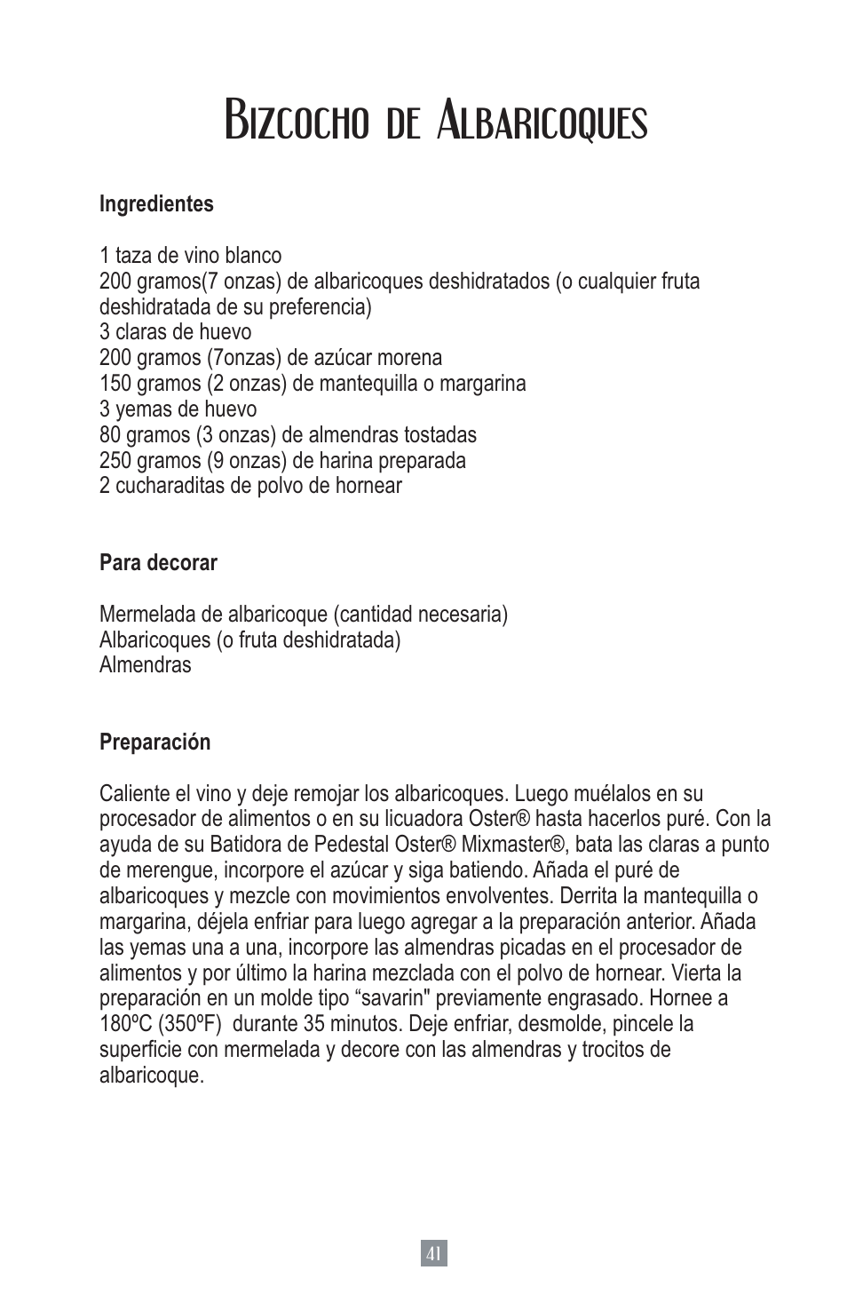 Bizcocho de albaricoques | Oster MIXMASTER 2700 User Manual | Page 42 / 66