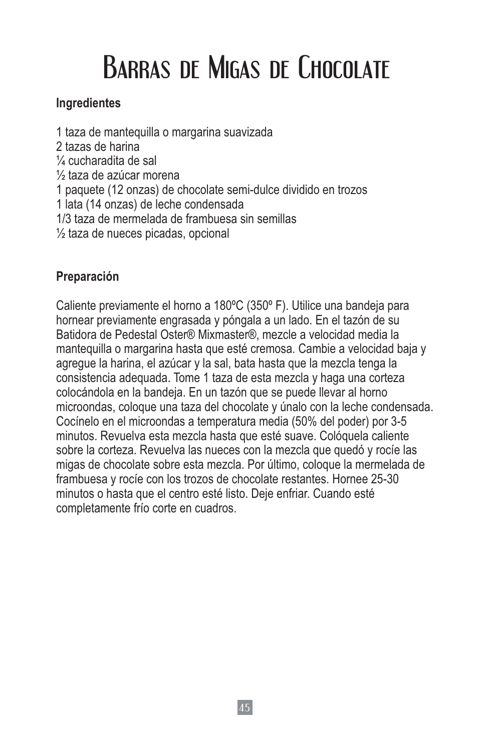 Barras de migas de chocolate | Oster MIXMASTER 2700 User Manual | Page 46 / 66