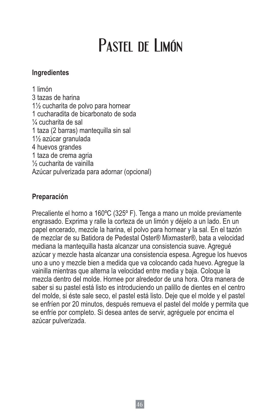 Pastel de limón | Oster MIXMASTER 2700 User Manual | Page 47 / 66
