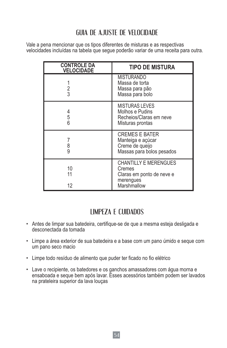 Guia de ajuste de velocidade, Limpeza e cuidados | Oster MIXMASTER 2700 User Manual | Page 55 / 66