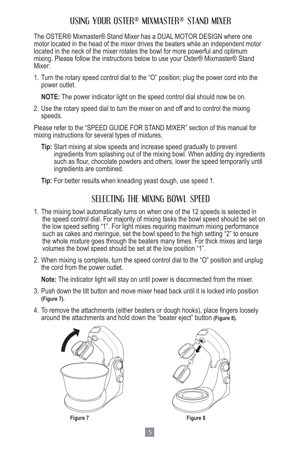Using your oster® mixmaster® stand mixer, Selecting the mixing bowl speed | Oster MIXMASTER 2700 User Manual | Page 6 / 66