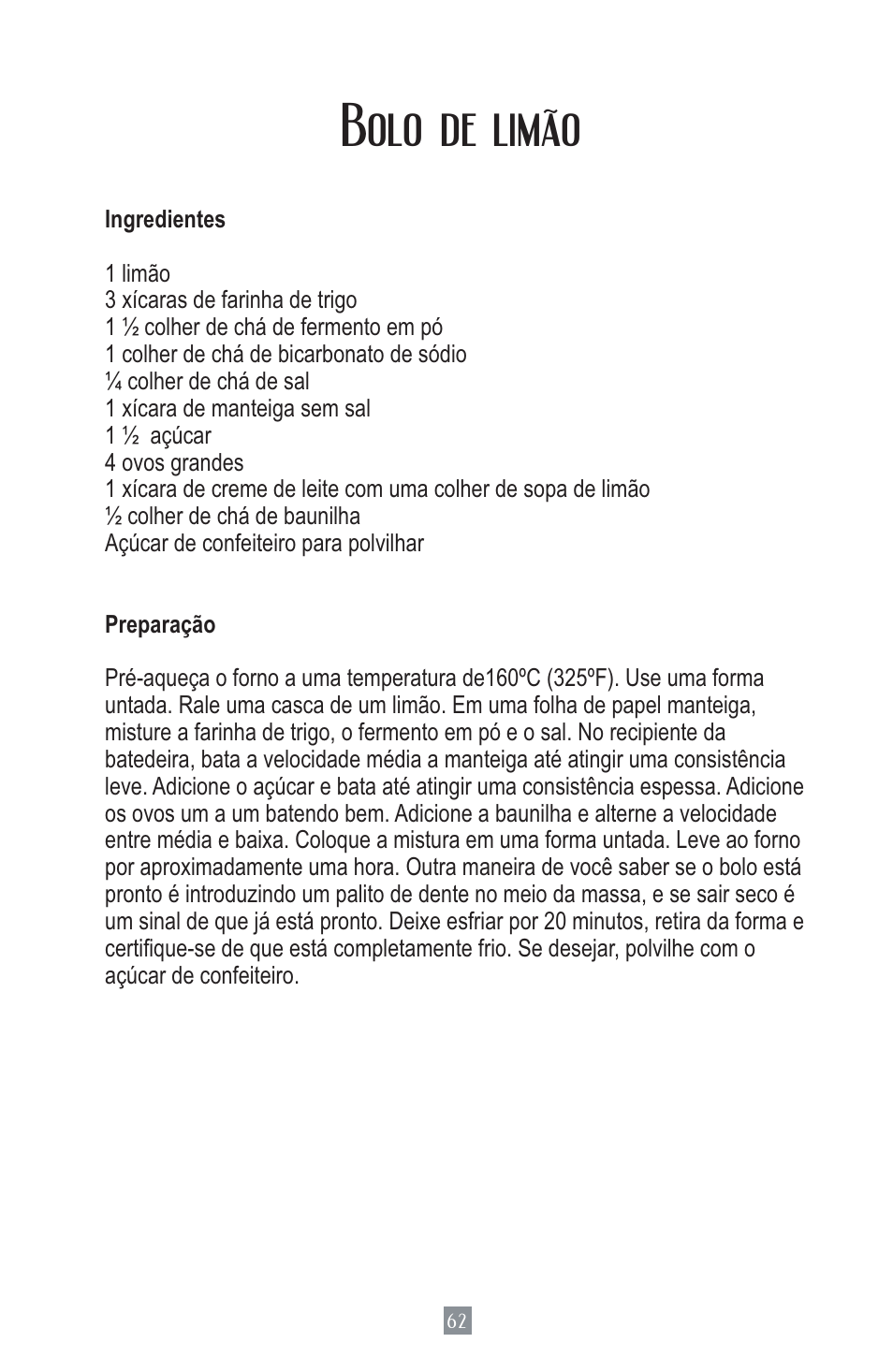 Bolo de limão | Oster MIXMASTER 2700 User Manual | Page 63 / 66