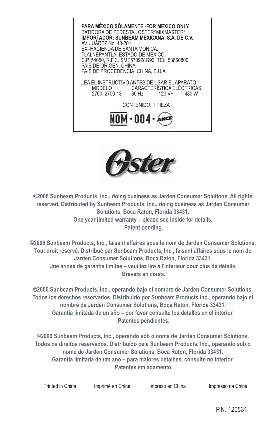 Oster MIXMASTER 2700 User Manual | Page 66 / 66