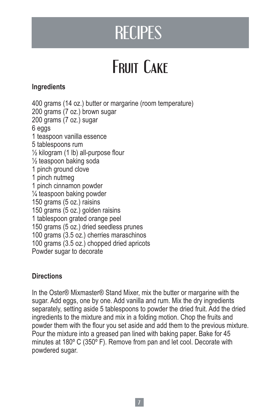 Recipes fruit cake | Oster MIXMASTER 2700 User Manual | Page 8 / 66