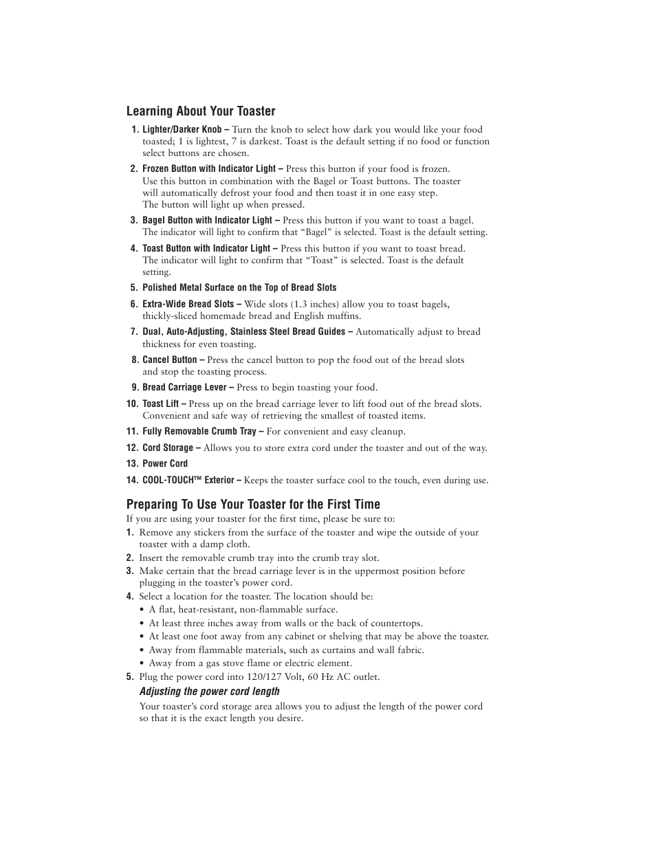 Learning about your toaster, Preparing to use your toaster for the first time | Oster 6382 User Manual | Page 4 / 24