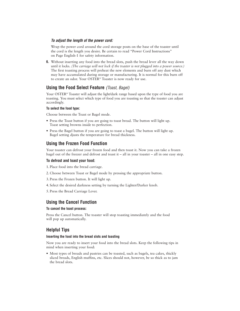 Using the food select feature, Using the frozen food function, Using the cancel function | Helpful tips | Oster 6382 User Manual | Page 5 / 24