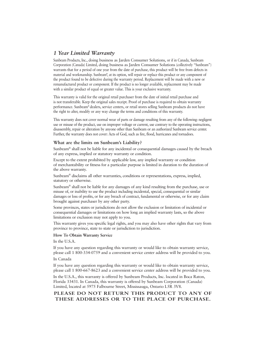 1 year limited warranty | Oster 6382 User Manual | Page 7 / 24