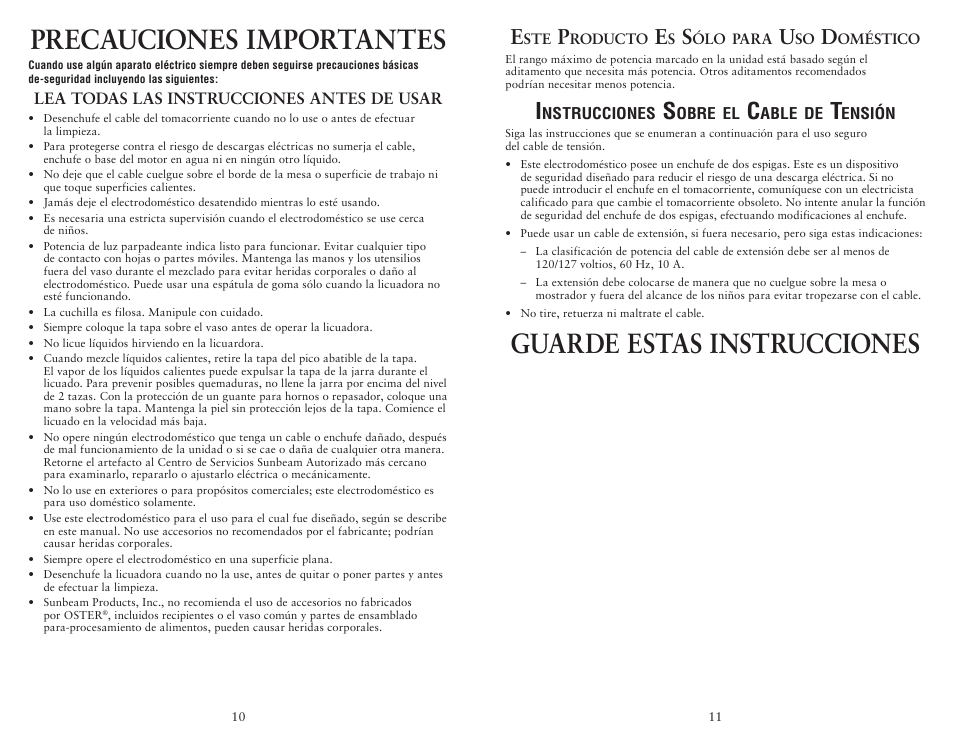 Precauciones importantes, Guarde estas instrucciones | Oster 135518 User Manual | Page 10 / 32