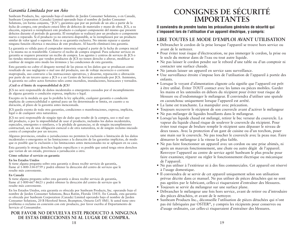 Précautions importantes, Consignes de sécurité importantes, Lisez toutes les instructions avant d’utiliser | Lire toutes le mode d’emploi avant utilisation | Oster 135518 User Manual | Page 18 / 32
