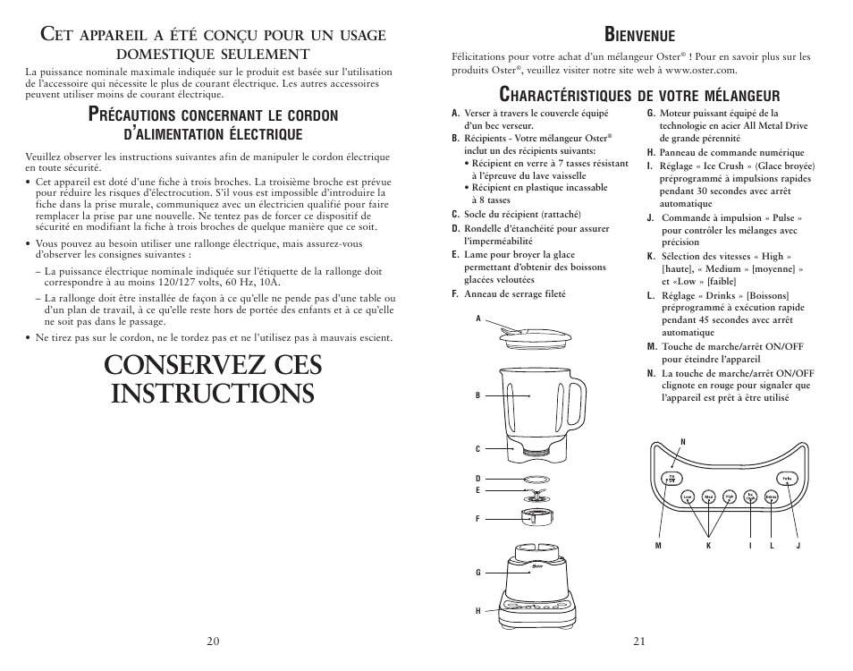 Conservez ces instructions | Oster 135518 User Manual | Page 20 / 32