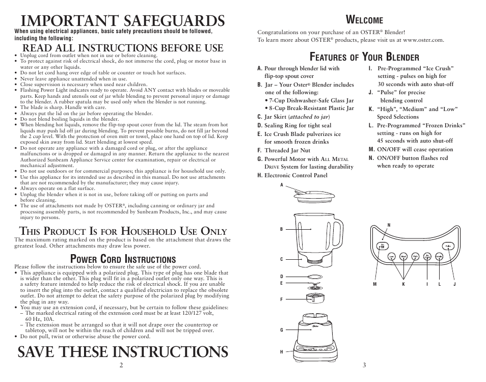 Important safeguards, Save these instructions, Read all instructions before use | Oster 135518 User Manual | Page 3 / 32