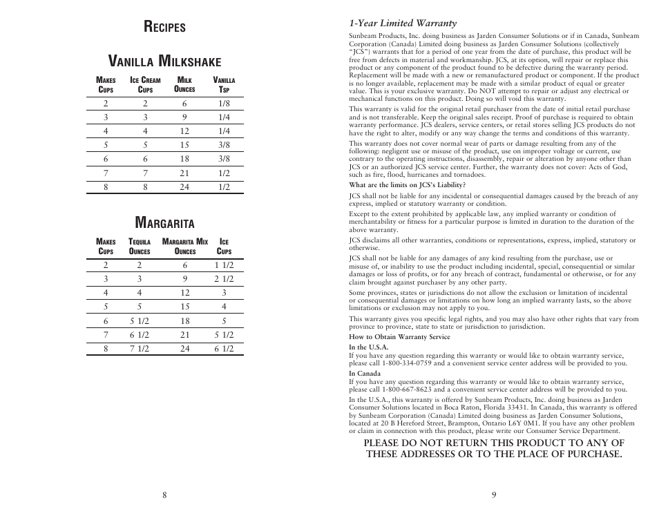Anilla, Ilkshake, Argarita | Ecipes | Oster 135518 User Manual | Page 9 / 32