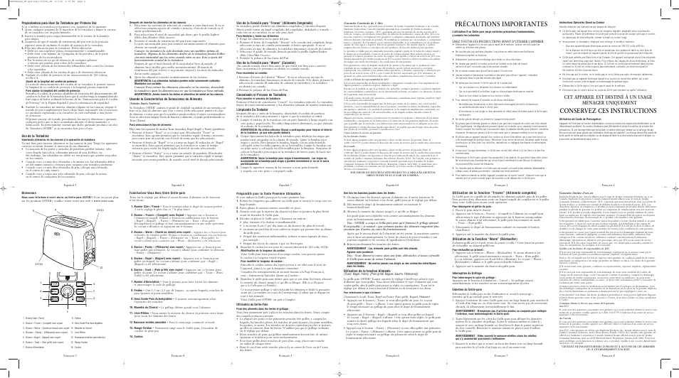 Précautions importantes, Conservez ces instructions, Uso de la función para “warm” (calentar) | Cancelando el proceso de tostadora, Limpiando su tostador, Utilisation de la fonction aliments, Utilisation de la fonction “warm” (réchauffer), Uso de la tostadora | Oster 132508 User Manual | Page 2 / 2