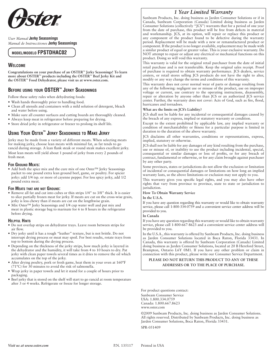 Oster FPSTDHAC02 User Manual | 2 pages