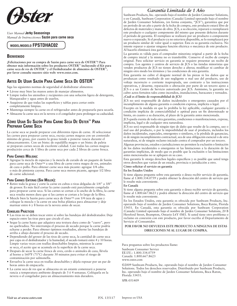 Garantía limitada de 1 año, Oster, Fpstdhac02 | Oster FPSTDHAC02 User Manual | Page 2 / 2