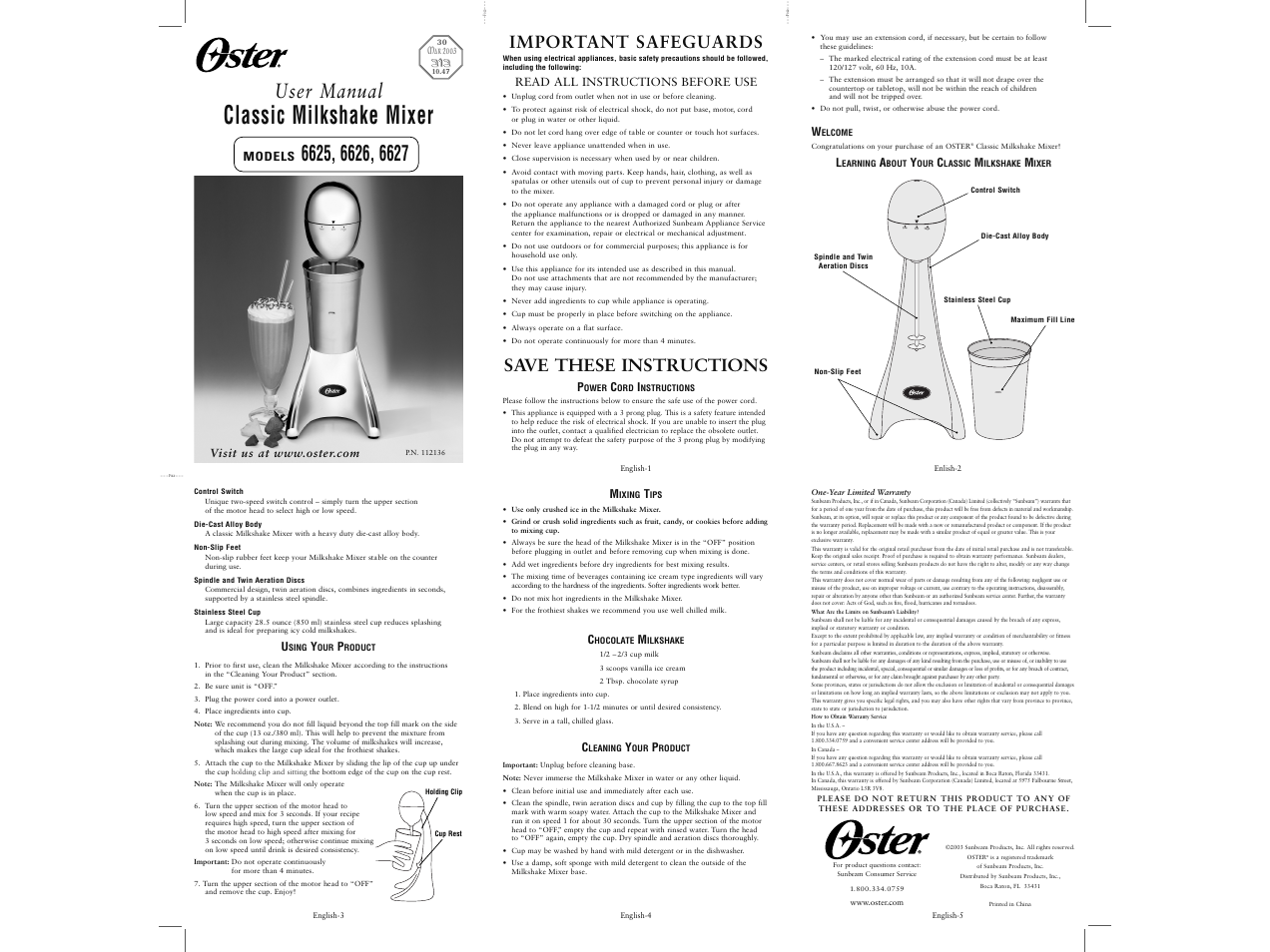 Classic milkshake mixer, User manual, Important safeguards | Save these instructions | Oster 6625 User Manual | Page 6 / 6