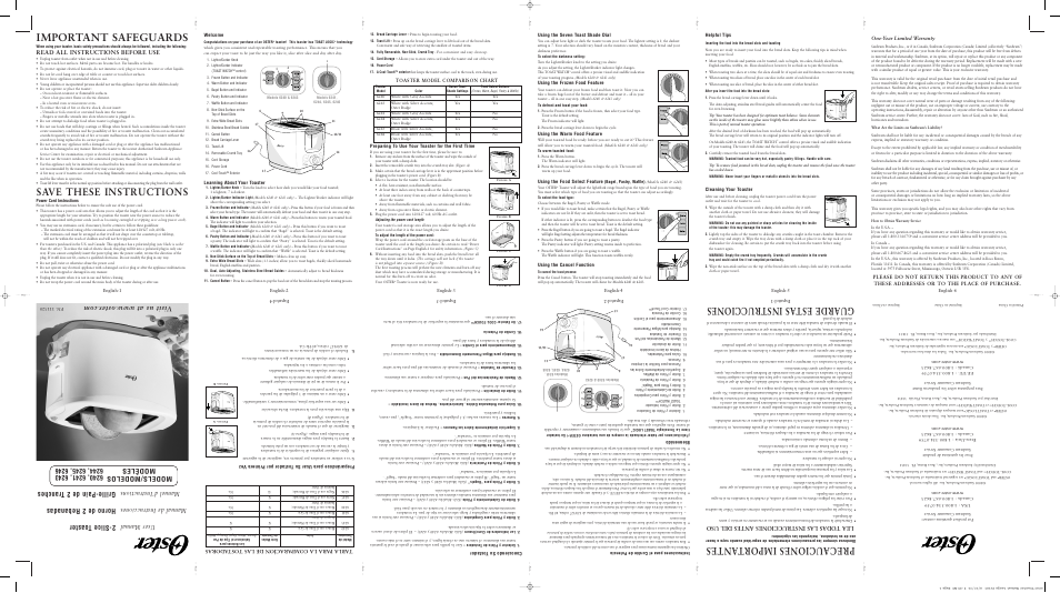 Important safeguards, Save these instructions, Precauciones import antes | Guarde estas instrucciones, Slice toaster, Horno de 2 rebanadas, Grille-pain de 2 tranches, Models/modelos modèles, User manual, Manual de instruccione s | Oster 6246 User Manual | Page 4 / 8