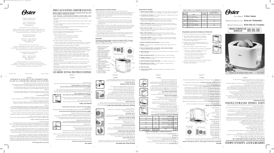 Import ant safeguards, Save these instructions, Precauciones importantes | Guarde estas instrucciones, Slice toaster, Horno de 2 rebanadas, Grille-pain de 2 tranches, Models/modelos modèles, User manual, Manual de instruccione s | Oster 6246 User Manual | Page 8 / 8