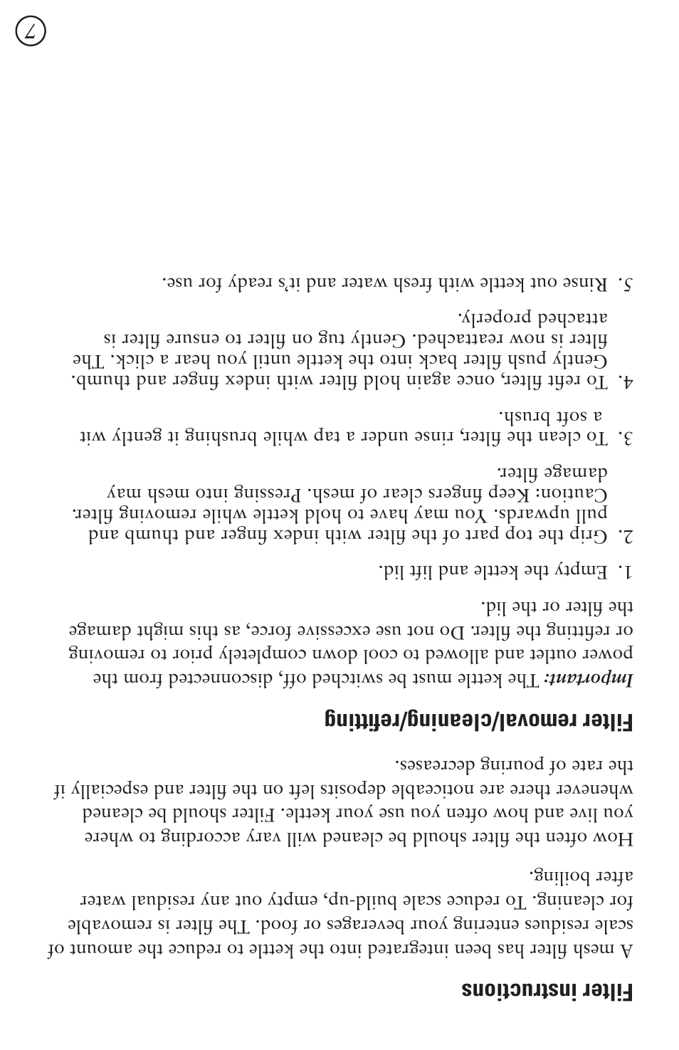 Filter instructions, Filter removal/cleaning/refitting | Oster 5965 User Manual | Page 13 / 20