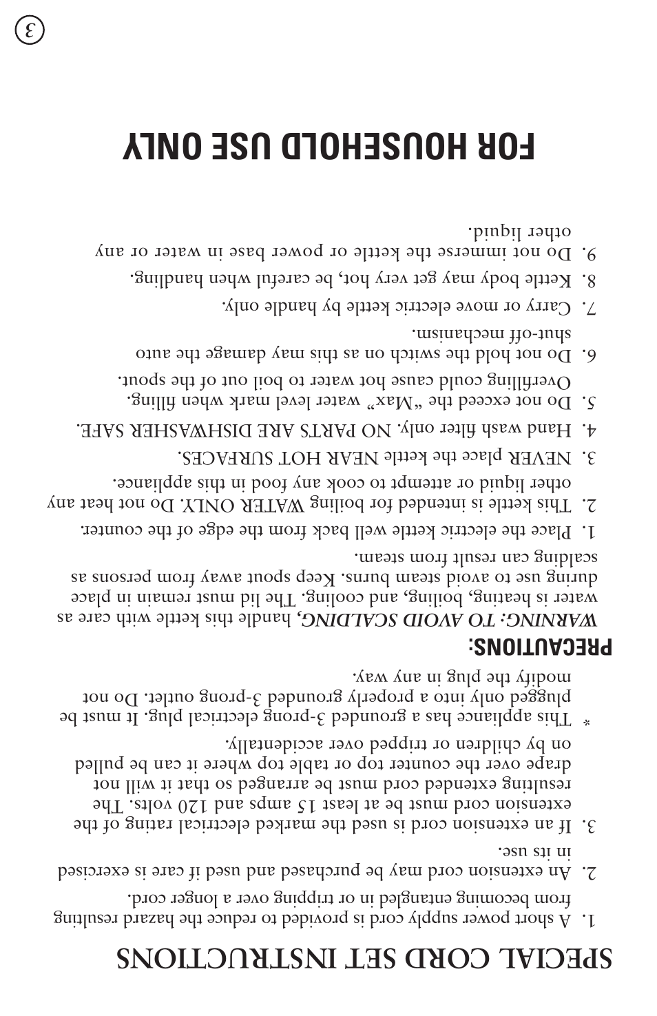 For household use only, Special cord set instructions, Precautions | Oster 5965 User Manual | Page 5 / 20
