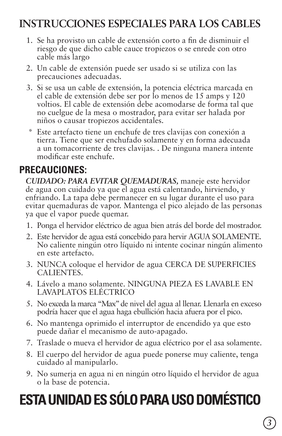 Esta unidad es sólo para uso doméstico, Instrucciones especiales para los cables, Precauciones | Oster 5965 User Manual | Page 6 / 20