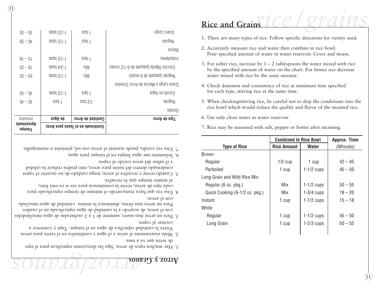 Rice / grains, Arroz/granos, Rice and grains | Arroz y granos | Oster 5712 User Manual | Page 11 / 32