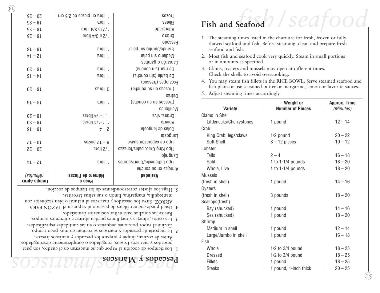 Fish / seafood, Pescados/mariscos, Fish and seafood | Pescados y mariscos | Oster 5712 User Manual | Page 13 / 32