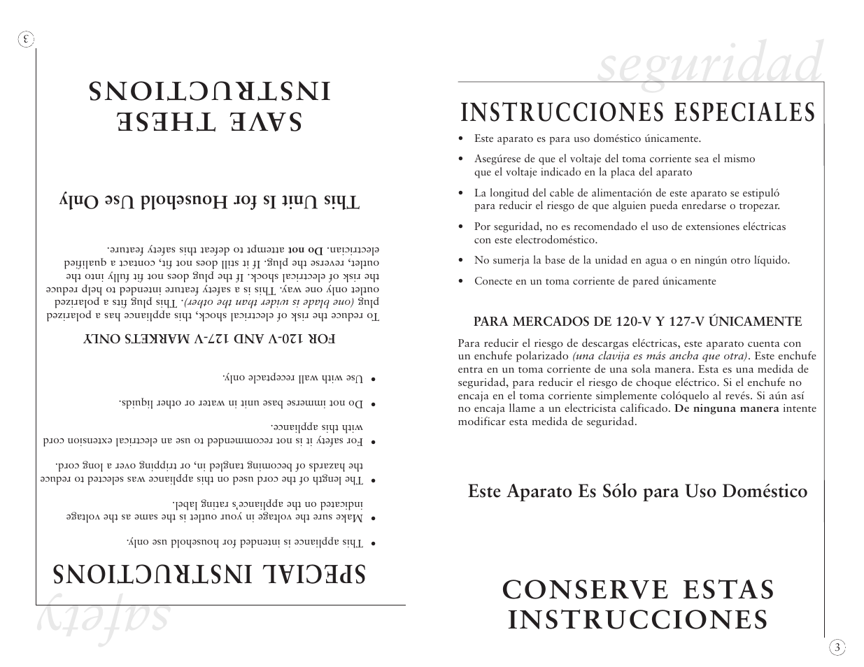 Safety, Seguridad, Special instructions | Save these instructions, Instrucciones especiales, Conserve estas instrucciones, This unit is for household use only, Este aparato es sólo para uso doméstico | Oster 5712 User Manual | Page 19 / 32