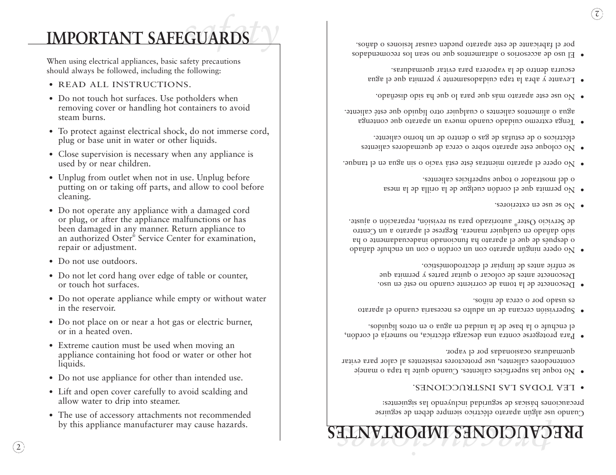 Safety, Precauciones, Important safeguards | Precauciones import antes | Oster 5712 User Manual | Page 2 / 32